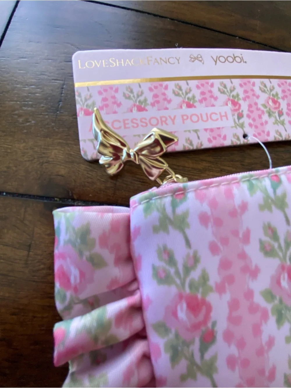 LoveShackFancy Pink Floral Ruffled Accessory Pouch